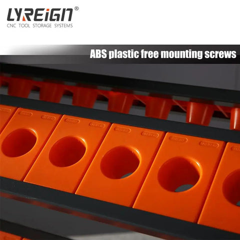 Close-up of 8 Row Large Capacity CNC Tool Holder Rack ABS grip holes, part of storage cabinet system for workshops and garages.