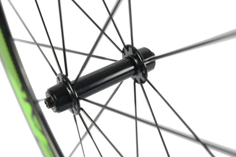 Close-up of R13 hub and spokes on Carbon Fiber Road Wheelset Clincher 50mm Depth With R13 Hub Decal For Zippy Aero Ride Shimano 8 9 10 11 Speed Compatible Basalt Braking Surface V Brake Ready Road Rims Toray T700 Construction 2 Year Warranty
