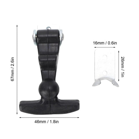 Flexible T Handle Draw Latch 46mm Rubber Grip With Stainless Steel Fasteners front view with dimensions