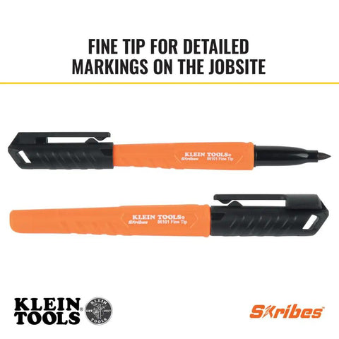 Skribes Fine Tip Permanent Marker 12 Pack For Worksite And Multi Surface Use Black Ink pens shown with caps on and off