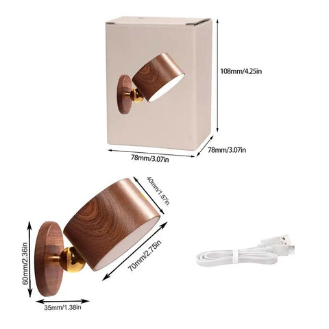 Sapele Wood Solid Wood Wall Sconce Lamp With Magnetic 360 Degree Rotation, Cordless Rechargeable LED, packaging and USB cable