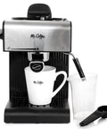Slick Black Espresso And Cappuccino And Latte Maker Featuring Auto Milk Frother For Smooth Daily Brews And Compact Design with white cup.