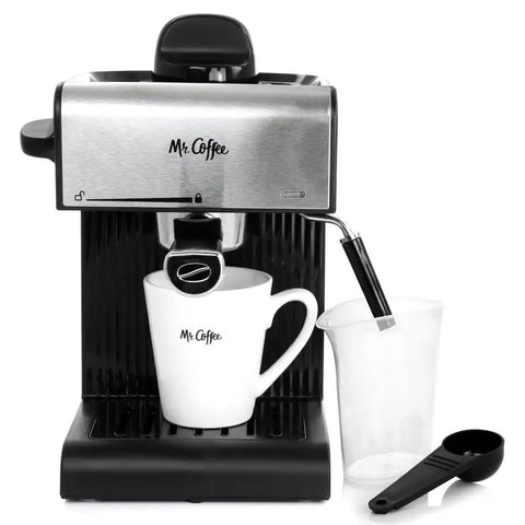 Slick Black Espresso And Cappuccino And Latte Maker Featuring Auto Milk Frother For Smooth Daily Brews And Compact Design with white cup.