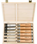 Six Piece Wood Chisel Set In A Sturdy Wooden Box With High Quality Tool Steel Blades Partial Hardened Edge And Rust Resistant Lacquer Finish