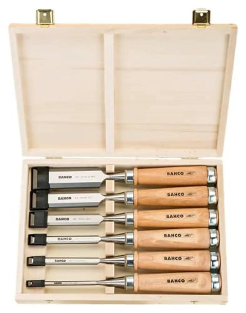 Six Piece Wood Chisel Set In A Sturdy Wooden Box With High Quality Tool Steel Blades Partial Hardened Edge And Rust Resistant Lacquer Finish