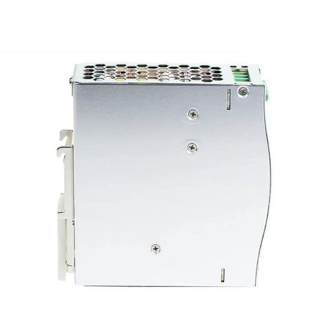 12 Pack Switch Mode DIN Rail Power Supply 120W 90 To 264V AC Input 12V DC Output Slim Economical Module For Industrial Automation And Control Systems Compact Durable Enclosed Design metal side view