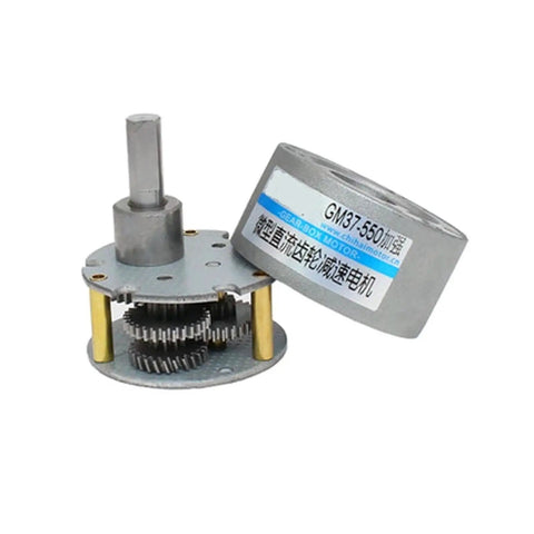 Top Notch 37mm Eccentric Shaft All Metal Gearbox For DC Motors With 2 And 3 Millimeter And 3.175mm Connection Options visible, showcasing internal gears.