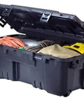 XXL Hinged Storage Box 108 Quart Black Heavy Duty Storage Container For Garage And Outdoor Use with tools inside
