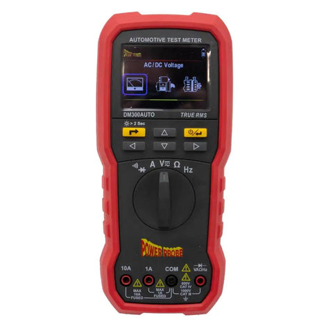 Automotive Digital Multimeter With 80 Amp Fuse Test You Can Do Without Removal showing front display and control dial.