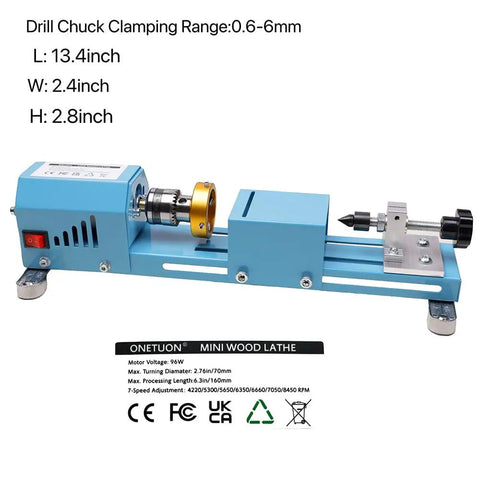 Beast Mini Wood Lathe Milling Machine Set with Adjustable Chuck, 13.4-inch length, in blue, 7 speeds, DIY woodworking tool.