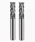 Front view of two 1/2in carbide square-end mills, 4-flute, AlTiN-coated.
