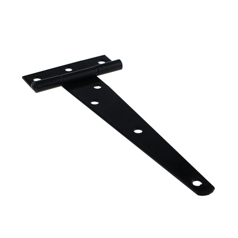 Black carbon steel T-Strap hinge, part of Rustproof T Strap Heavy Duty Shed Door Hinges 4 Pack With Screws For Barn Doors Fences Gates Load Capacity 12 To 60 Kg