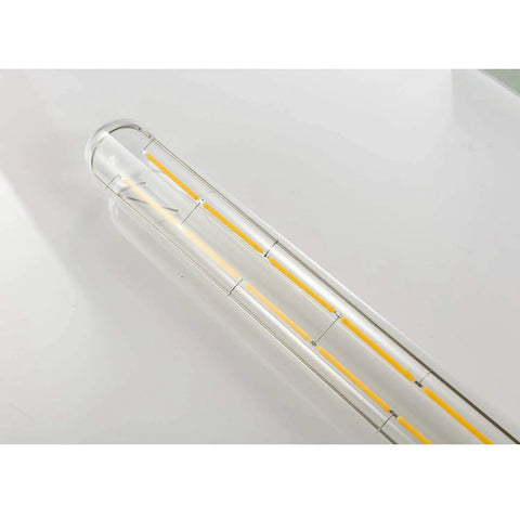 Close-up of Retro Edison Look LED Filament Bulbs T10 Tubular 12W Dimmable Warm White 2700K 1000 Lumens E26 Base Clear Glass