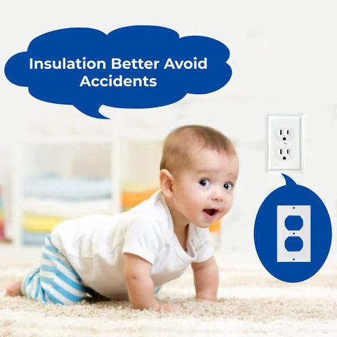 Baby crawling on a carpet near electrical outlets with safety reminders about insulation and Sturdy Eva Foam Wall Gaskets Standard Switch Plates Draft Stoppers To Blast Away Cool Air Lock In Cozy Vibes Easy Pop Back Install 30 Piece White House Energy Savers.