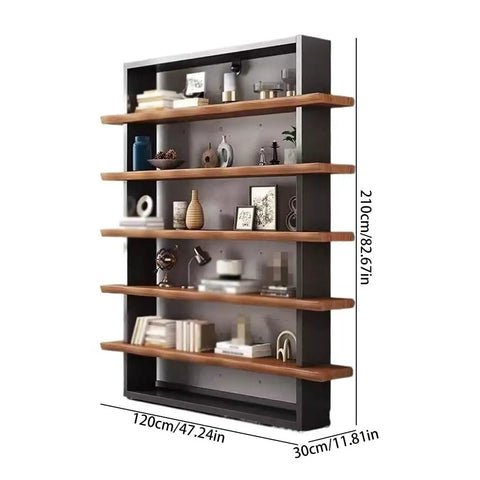 Rock Solid Industrial Bookshelf With Thick Solid Wood Shelves Five Tier Floor Standing Unit For Living Room Or Office Heavy Duty Metal Frame Storage Rack showcasing books and decor.