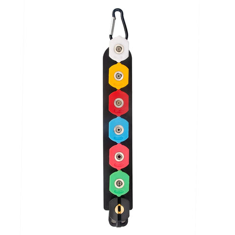 Set of 7 color-coded pressure washer nozzle tips on a black holder with a top carabiner
