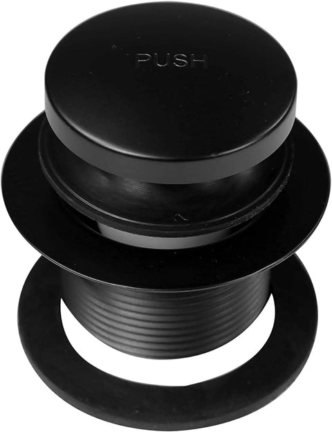 Close-up of matte black tip-toe drain plug from White Tubular Bathtub Waste and Overflow Assembly Kit with Tip-Toe Drain Plug, 1-1/2 Inch by 14 Inch, Slip Joint, ADA Approved, Two-Hole Faceplate, No-Fuss Install, 4-Pack with Color Matching Screws, Matte Black Finish.
