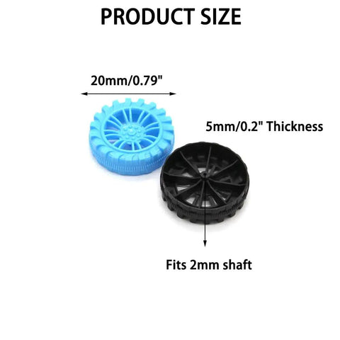 Image of blue and black plastic wheels from the 20 Piece Plastic Toy Car Wheels Set With 2mm Shafts For RC Cars Trucks And Robots DIY Model.