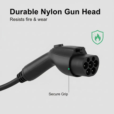Smart Electric Vehicle Wall Charger With Fast 7KW Hardwired Setup And Type 2 Connector close-up of durable nylon gun head.