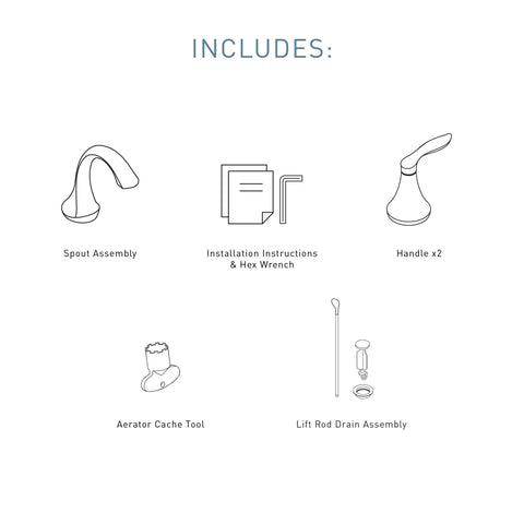 Eva Chrome Transitional Two-Handle High-Arc Widespread Bathroom Faucet includes spout, handles, drain, and tools