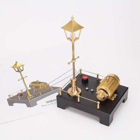Full Metal Steam Engine Kit With Boiler 85 Piece DIY Assembly Stationary Model Includes Steam Generator And Lamp Scene Display Realistic Power Plant Style Build For Gearheads And Gift Givers, shown with gold lamp and black base