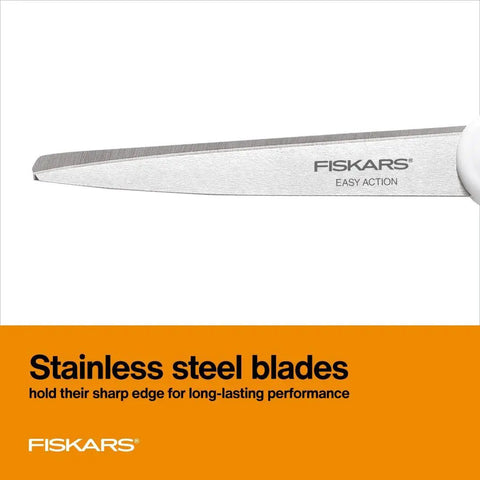 Close-up of Fiskars Premier No 8 Easy Action Scissors blade, featuring sharp stainless steel with titanium coating, ideal for fabric cutting.