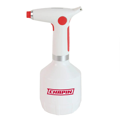 USB C Battery Powered Plant Sprayer 1 Liter Portable Electric Mister for Indoor and Outdoor Plants, lightweight white design with LED indicator.