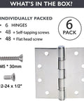 Six Pack 4.5 Inch By 4.5 Inch Heavy Duty Stainless Steel Door Hinges With Ball Bearing, 3mm Thick, includes screws