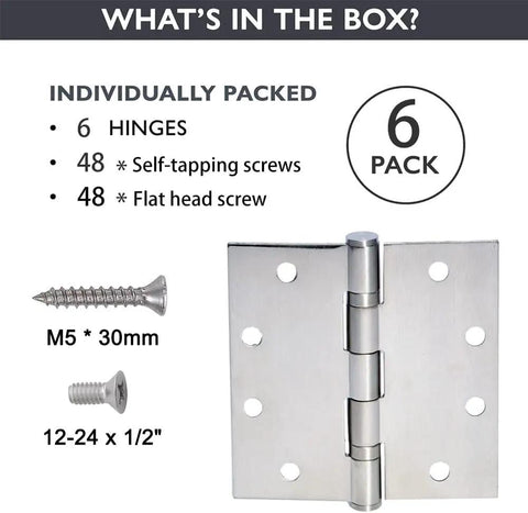 Six Pack 4.5 Inch By 4.5 Inch Heavy Duty Stainless Steel Door Hinges With Ball Bearing, 3mm Thick, includes screws