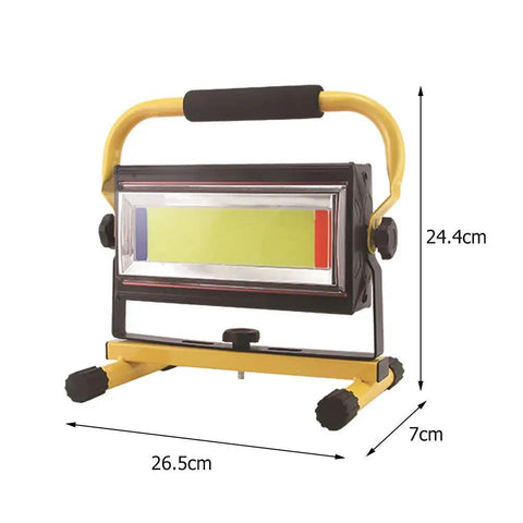 Spot Lighting Led Floodlight Rechargeable 70W Portable Work Light with dimensions 26.5cm x 24.4cm, featuring a yellow and black design.