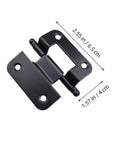 Black iron inset cabinet hinge with mounting plate; self-closing, angled view, 2.55 in by 1.57 in