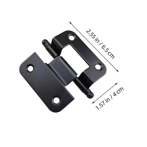 Black iron inset cabinet hinge with mounting plate; self-closing, angled view, 2.55 in by 1.57 in