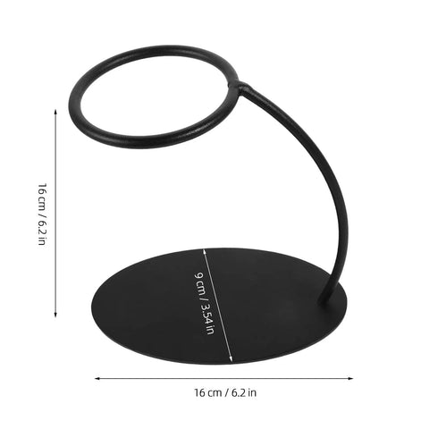 Heavy Duty Coffee Filter Holder Funnel Stand With Slick Black Iron Base For Hands Free Drip Pour Over Brewing, side view showing dimensions and design.