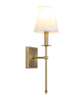 Rustic Industrial Wall Sconce With Flared White Textile Shade And Antique Brass Tapered Column Stand Hardwired E26 Base