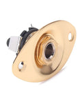 Top Notch Metal Oval Electric Guitar Jack Plate With Included Screws Fits Fender Strat And Tele Models For Super Crisp Tone And Hella Reliable Signal Transfer In Classic Gold angled view showing input hole and mounting features.