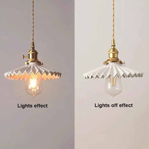 White Ceramic Pendant Light With On Off Switch Pleated Chandelier Design E26 Socket Perfect For Kitchen Island Dining Room And Hallway 7.87 Inch Diameter