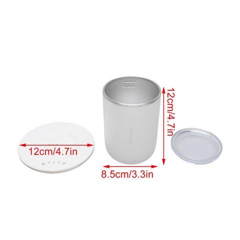 Slick 2 In 1 Self Stirring Heated Coffee Mug With Automatic Mixing And 3 Chill Proof Temp Modes For Coffee Milk Cocoa Protein Shakes 300 Ml Stainless Steel, 12cm tall with lid and heat coaster.