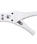 All Day Pro Grade Crimping Tool With Comfortable Ergonomic Handle For Quick Ethernet Cable Work Wide Compatibility With 4P 6P 8P RJ45 Connectors Premium Blades For Clean Reliable Network Wiring, shown from the front in white.