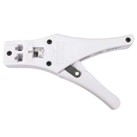 All Day Pro Grade Crimping Tool With Comfortable Ergonomic Handle For Quick Ethernet Cable Work Wide Compatibility With 4P 6P 8P RJ45 Connectors Premium Blades For Clean Reliable Network Wiring, shown from the front in white.