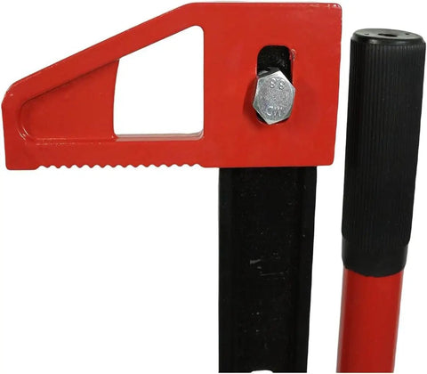 Close-up view of the 60 Inch Ratcheting Off Road Utility Jack With 7000 Lb Capacity, showing the red and black steel mechanism and handle.