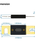 Beefy 250A ANL Fuse Bulk Pack With Gold Plated Terminals dimensions shown with labels, top and side views highlighted