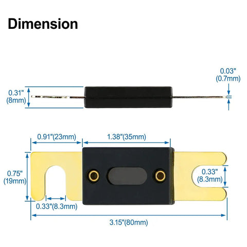 Beefy 250A ANL Fuse Bulk Pack With Gold Plated Terminals dimensions shown with labels, top and side views highlighted