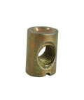 Close-up of Heavy Duty Carbon Steel Cross Dowel Barrel Nut M6 M8, featuring slotted design for right angle joints.