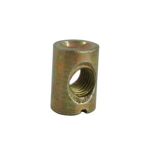 Close-up of Heavy Duty Carbon Steel Cross Dowel Barrel Nut M6 M8, featuring slotted design for right angle joints.