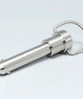 Hardcore Marine Grade Stainless Steel Ball Lock Pin Quick Release Tool With Zero Slack Button Indexing And Tight Grip 9/16 Inch Diameter Plus 2 Inch Length For Road Ready Builds angle view showing pull ring and locking mechanism