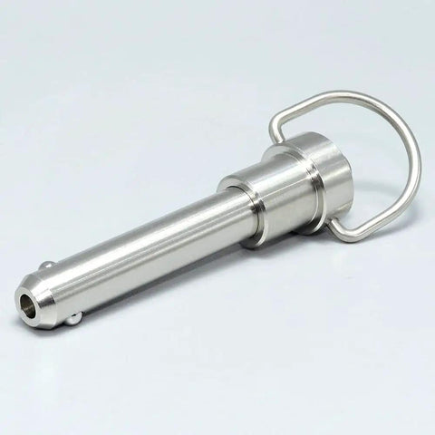 Hardcore Marine Grade Stainless Steel Ball Lock Pin Quick Release Tool With Zero Slack Button Indexing And Tight Grip 9/16 Inch Diameter Plus 2 Inch Length For Road Ready Builds angle view showing pull ring and locking mechanism