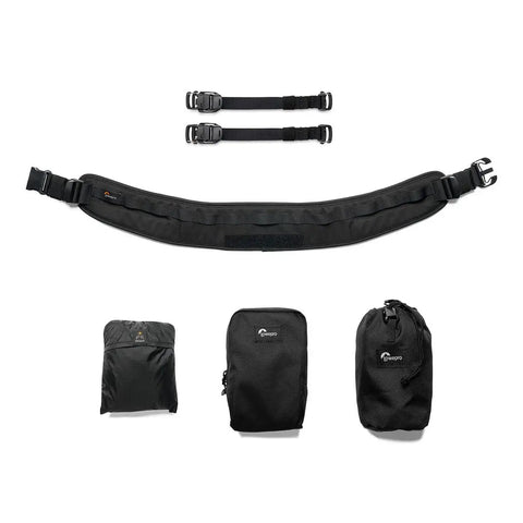 ProTactic BP 350 AW III 17L Camera Backpack accessories including waist belt, straps, and weather cover.
