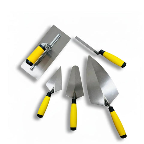 5 Piece Masonry Hand Tool Set With Brick Trowel Pointing Trowels Margin Trowel And Tuck Pointing Tool with yellow handles
