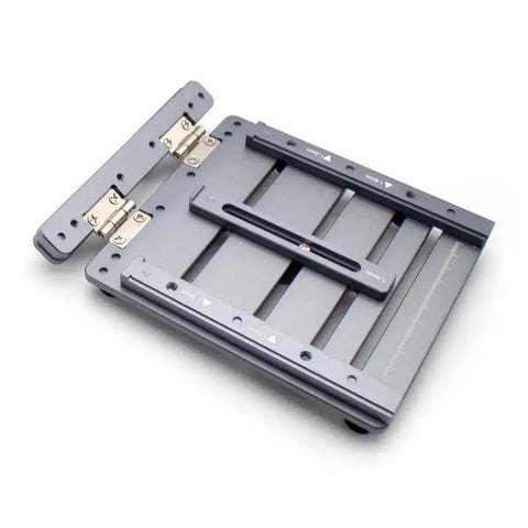 Top view of Mini CNC Solder Paste Stencil Printer For Dual Sided PCBs With Laser Etched Scales And Tool Free Clamping, pro grade aluminum.