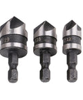 SOCOJE 3-piece countersink drill bit set with 1/4 in hex shanks, 12/16/19 mm sizes, metal bits